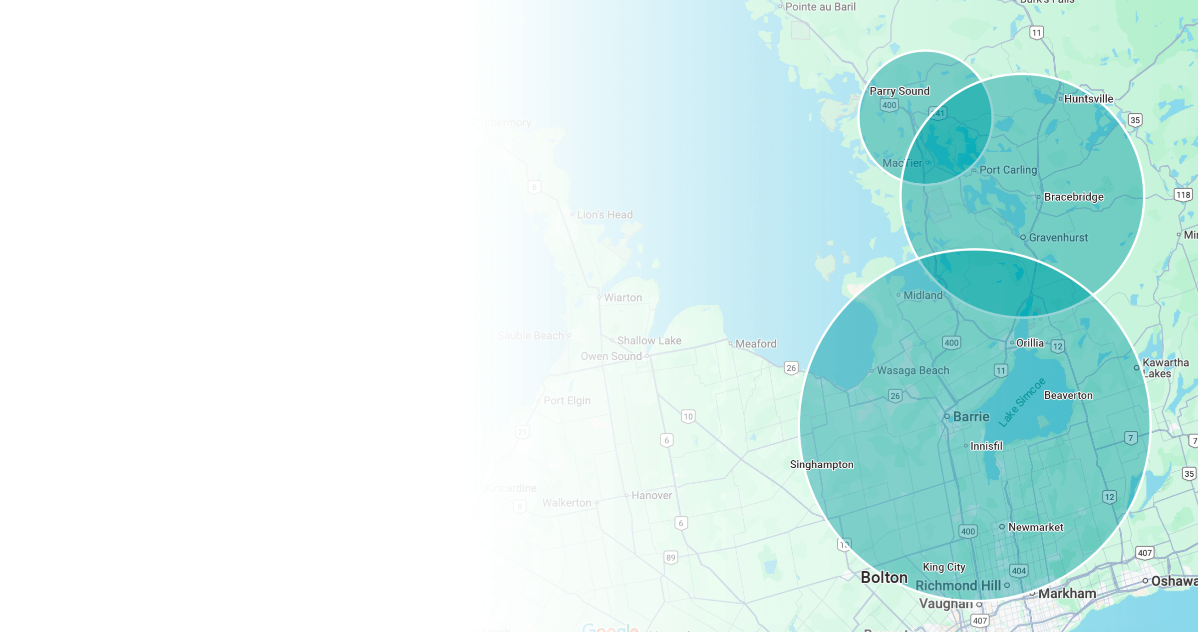A map of Ontario, Canada, shows regions around Barrie, Newmarket, and Richmond Hill with overlaid circles indicating areas of interest.