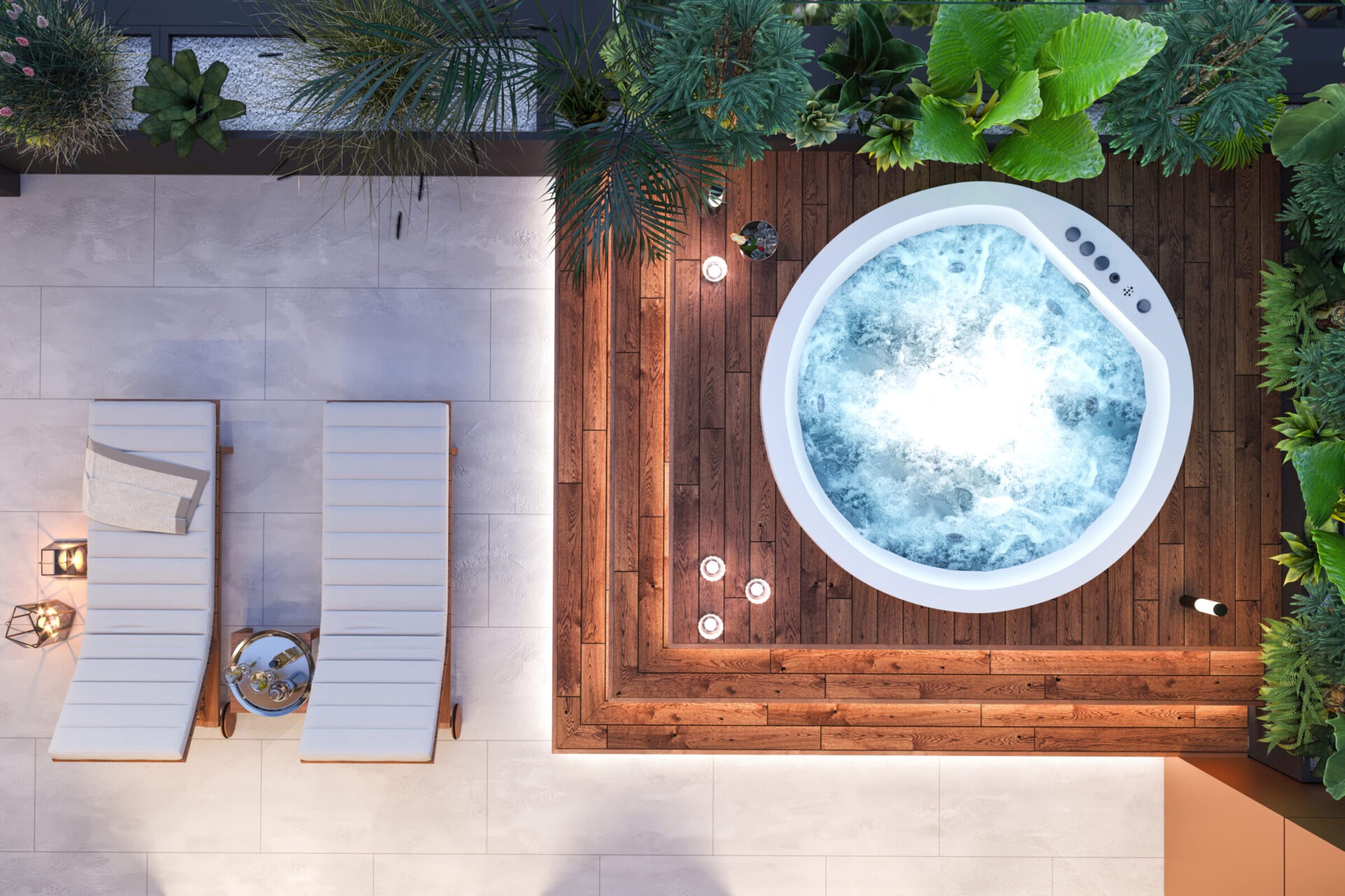 Luxurious outdoor setting with a bubbling jacuzzi, two lounge chairs, lush green plants, and soft lighting, creating a serene and inviting atmosphere.