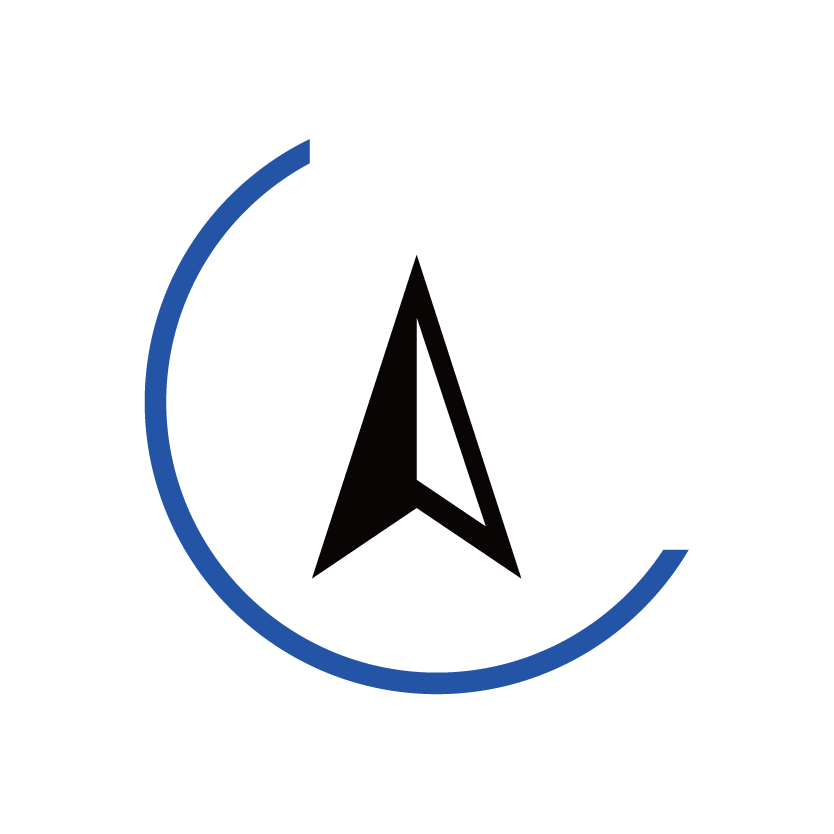 A minimalistic blue and black geometric logo features a triangle and partial circle against a solid black background, conveying modern and sleek design.